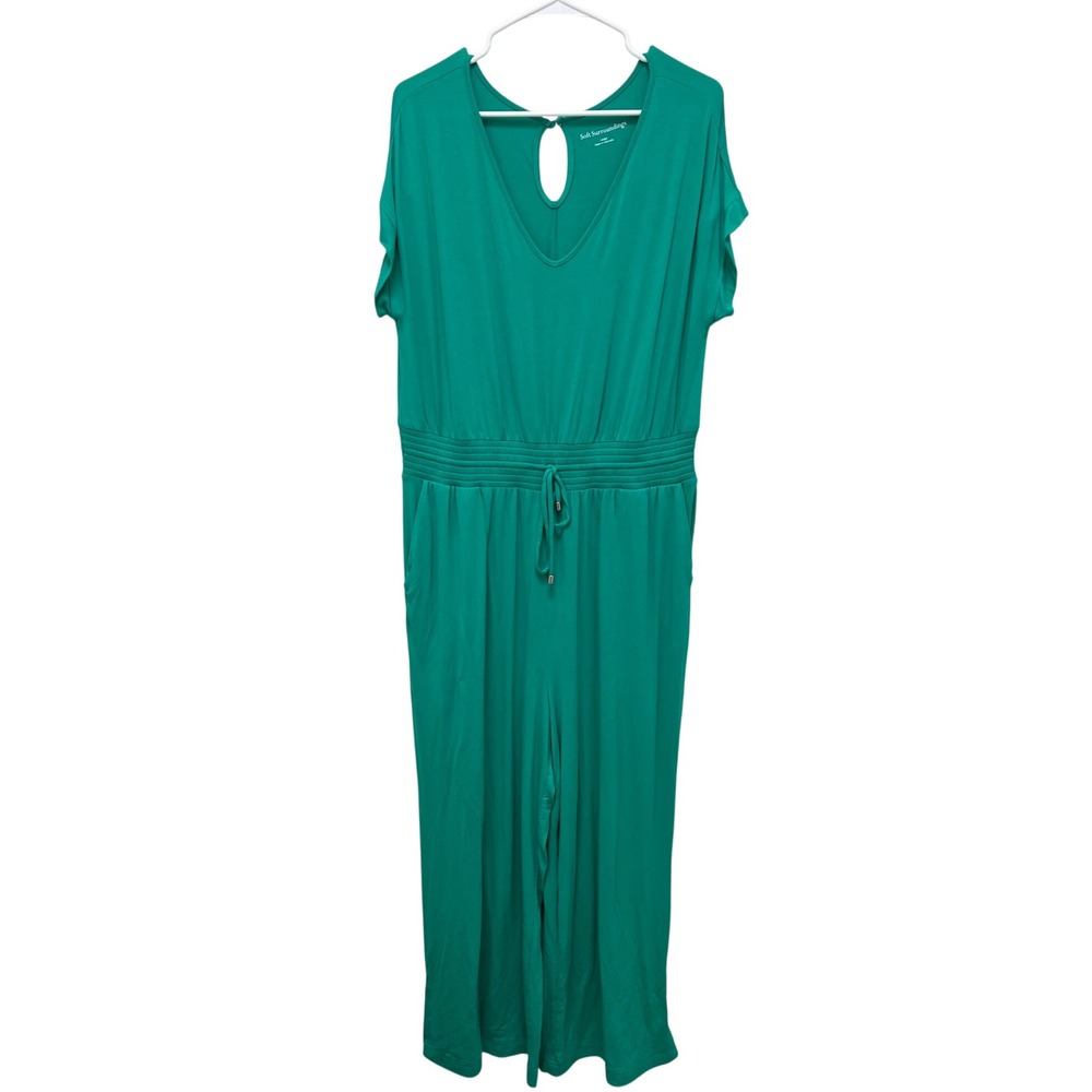 Soft Surroundings Caspian Green Knit Jumpsuit V-Neck Smocked Waist Large Casual